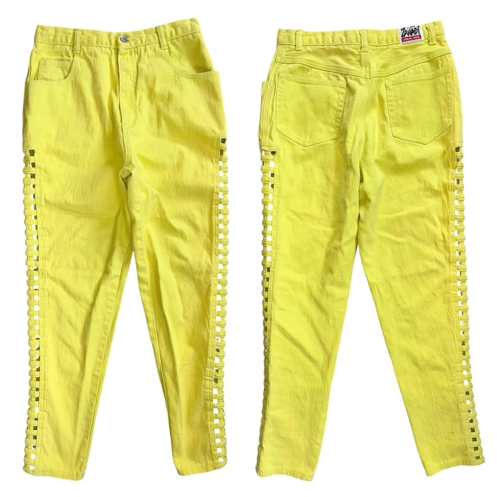 Vintage 80s 90s Zanadi Bright Yellow Cutout Side High Rise Tapered Leg Jeans 13